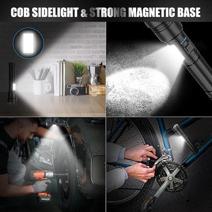 Magnetic Flashlight Rechargeable 10000 High Lumens, Super Bright Magnetic Base LED Pocket Flashlight with COB Light, Type-C, 7 Modes, Zoomable, IPX6 Waterproof Best Tactical Flashlights for Camping