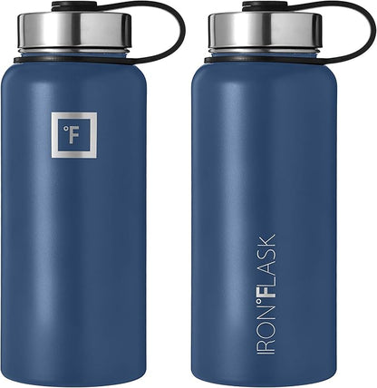 IRON °FLASK Camping & Hiking Hydration Flask, Wide Mouth, 3 Straw Lids, Stainless Steel Outdoor Water Bottle, Double Walled, Insulated Thermos, Metal Canteen - Twilight Blue, 32 Oz