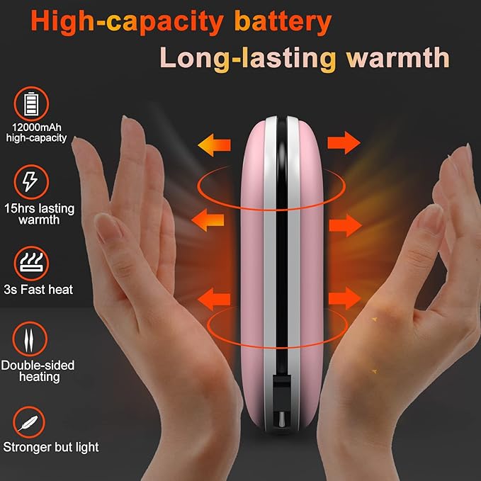 12000mAh Hand Warmers rechargeable & Power Bank 2in1 Battery with charge cable USB Electric Hand Warmer Reusable Portable hot hands Heater Pocket Warmer Handwarmer for Winter outwork Camping Fishing Golf