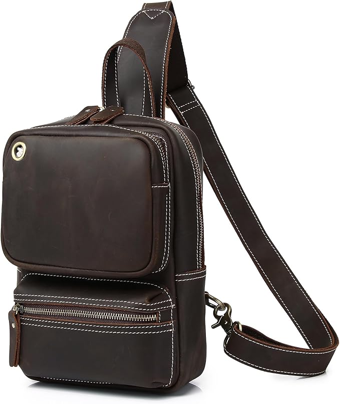 KPYWZER Crazy Horse Genuine Leather Sling Bag for Men Women Shoulder Backpack Satchel Crossbody Chest Casual Outdoor Daypack Deep Brown