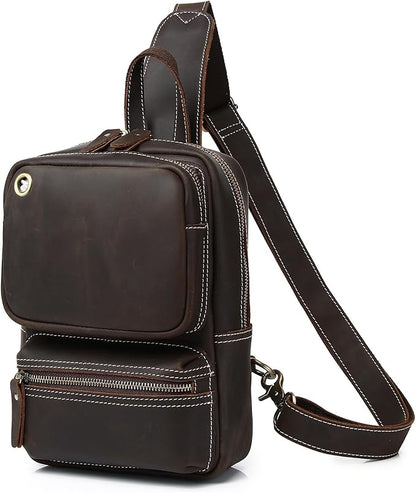 KPYWZER Crazy Horse Genuine Leather Sling Bag for Men Women Shoulder Backpack Satchel Crossbody Chest Casual Outdoor Daypack Deep Brown