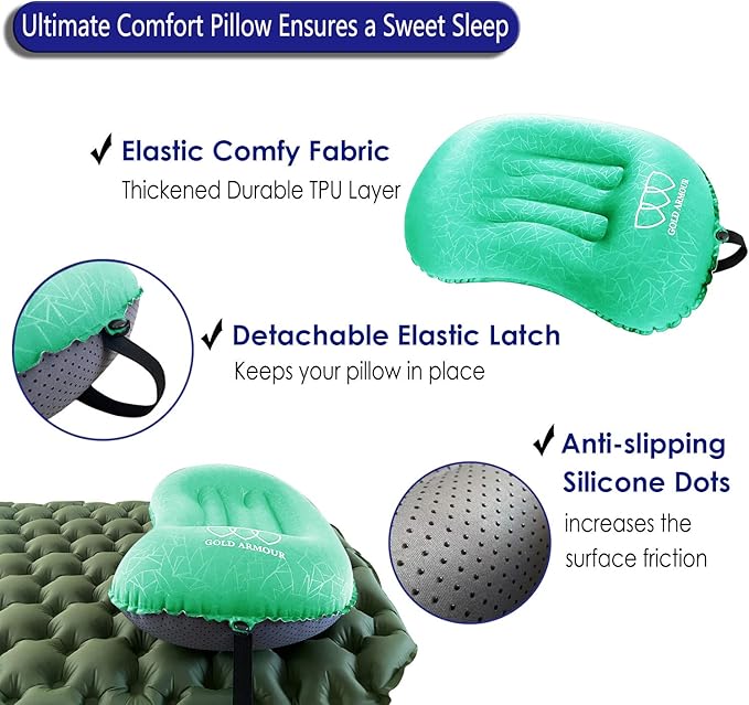 Gold Armour Inflatable Camping Pillow Backpacking Pillow Lightweight Travel Air Pillow Ultralight Ergonomic Pillow Portable for Airplanes with Neck & Lumbar Support (2 Pack) (Seafoam & Seafoam)