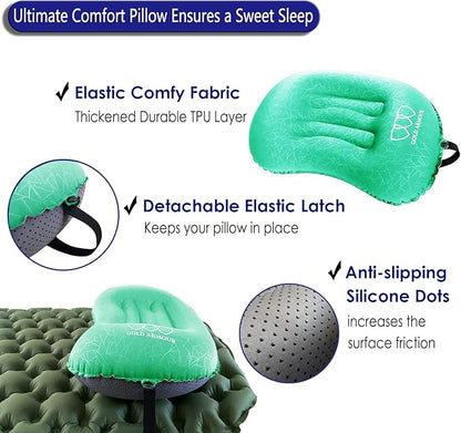 Gold Armour Inflatable Camping Pillow Backpacking Pillow Lightweight Travel Air Pillow Ultralight Ergonomic Pillow Portable for Airplanes with Neck & Lumbar Support (2 Pack) (Seafoam & Seafoam)