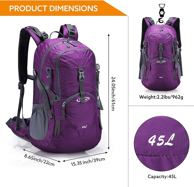 G4Free 45L Hiking Travel Backpack Waterproof with Rain Cover, Outdoor Camping Daypack for Men Women