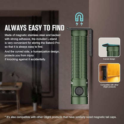 OLIGHT Baton3 Pro Rechargeable Flashlights, 1500 Lumens EDC Flashlight with MCC3, Compact Pocket Flashlight with L-Shape Stand and High-Performance LED for Camping and Emergency (OD Green Cool White)