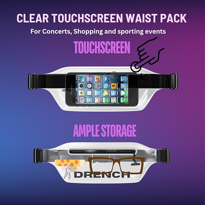 Drench Clear Waist Bag – Stadium Approved, Touchscreen Friendly, Water-Resistant Zipper, Fits iPhone 15, 14, 13, Samsung Galaxy S23, Pixel 8 – Small Concert Bag for Events, Airports, Casual Fashion