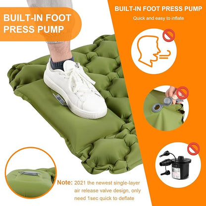Double Sleeping Pad, Ultralight 4" Extra-Thick Self Inflating Sleeping Mat for 2 Person with Pillow Built-in Foot Pump Portable Camping Mat for Backpacking, Hiking, Traveling (Army Yellow)