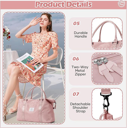 Pink Gym Bag with Wet Pocket, Foldable Travel Duffle Bag Carry On Weekender Bags for Women, Waterproof Overnight Bag for Travel, Gym, Yoga