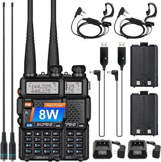 2 Pack BaoFeng UV-5R 8 Watt Ham Radio Handheld BaoFeng Radio with USB Charging Dual Band Ham Radio BaoFeng Walkie Talkie