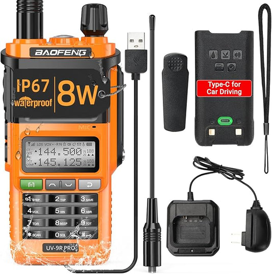 BAOFENG Ham Radio Handheld UV-9R Pro 8W Dual Band Two-Way Radio Tri- Power Waterproof Transceiver Long Range Walkie Talkie Rechargeable with Type-C Charger Cable
