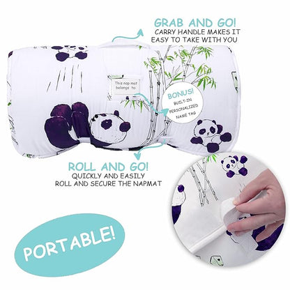 JumpOff Jo - Toddler Nap Mat - Sleeping Bag for Kids with Removable Pillow and Ultra Soft Blanket for Preschool, Daycare, and Sleepovers - Playful Pandas