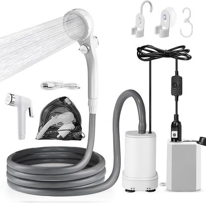 AUTOPkio Portable Shower for Camping, 2-in-1 Camp Shower Pump with Rechargeable Battery, Portable Outdoor Shower for Beach Hiking Outdoor, Pet Cleaning
