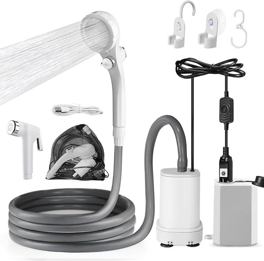 AUTOPkio Portable Shower for Camping, 2-in-1 Camp Shower Pump with Rechargeable Battery, Portable Outdoor Shower for Beach Hiking Outdoor, Pet Cleaning