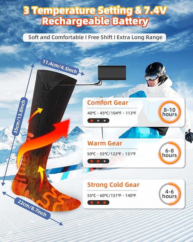 2 Pairs Heated Socks, Eventek 7.4V Rechargeable Heated Socks for Men Women, 360° Heating Electric Socks with 3 Heat Settings, Washable Electric Thermal Sock for Ski Hunting Hiking