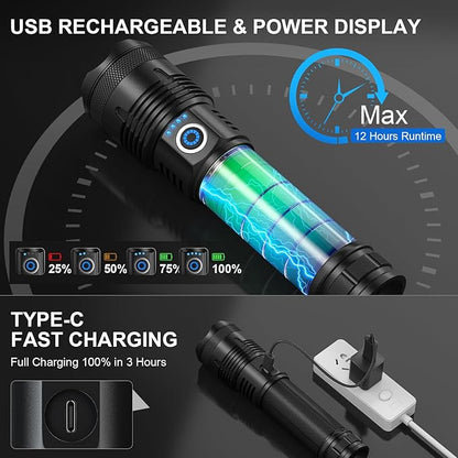 LED Rechargeable Flashlights High Lumens Flash Light, 990,000 Lumens Super Bright Powerful Tactical Flashlight, 5 Modes IPX6 Waterproof Handheld Flashlights for Camping Emergencies