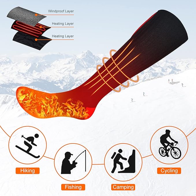 Heated Socks, Battery Rechargeable Electric Heating Socks, Thermal Warm Socks for Men Women Hiking Camping Winter Footwarmers