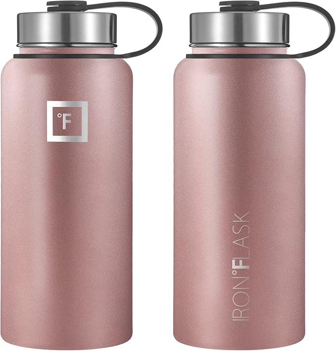 IRON °FLASK Camping & Hiking Hydration Flask, Wide Mouth, 3 Straw Lids, Stainless Steel Outdoor Water Bottle, Double Walled, Insulated Thermos, Metal Canteen - Rose Gold, 32 Oz