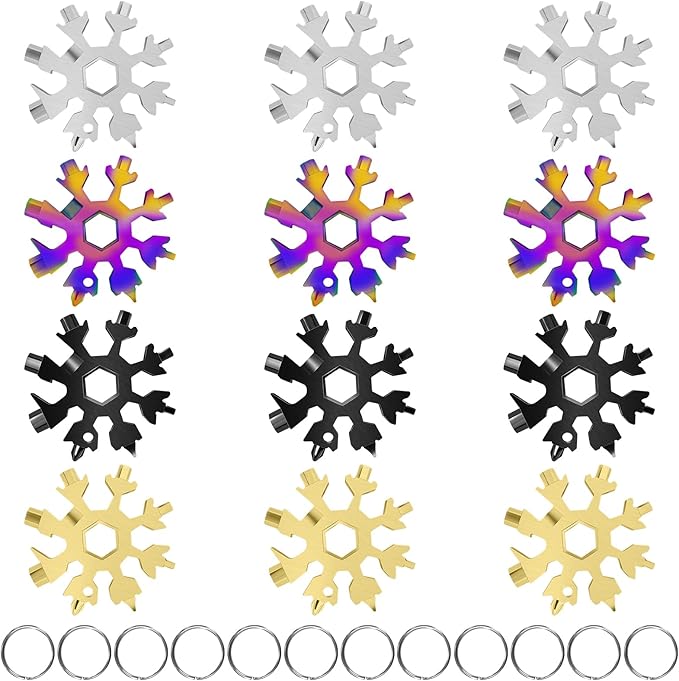 18-in-1 Snowflake Multitool, 12 Packs Stainless Steel Snowflake Wrench/Bottle Opener/Screwdriver Kit, Stainless Steel Portable Star Tool for Christmas Great Gifts