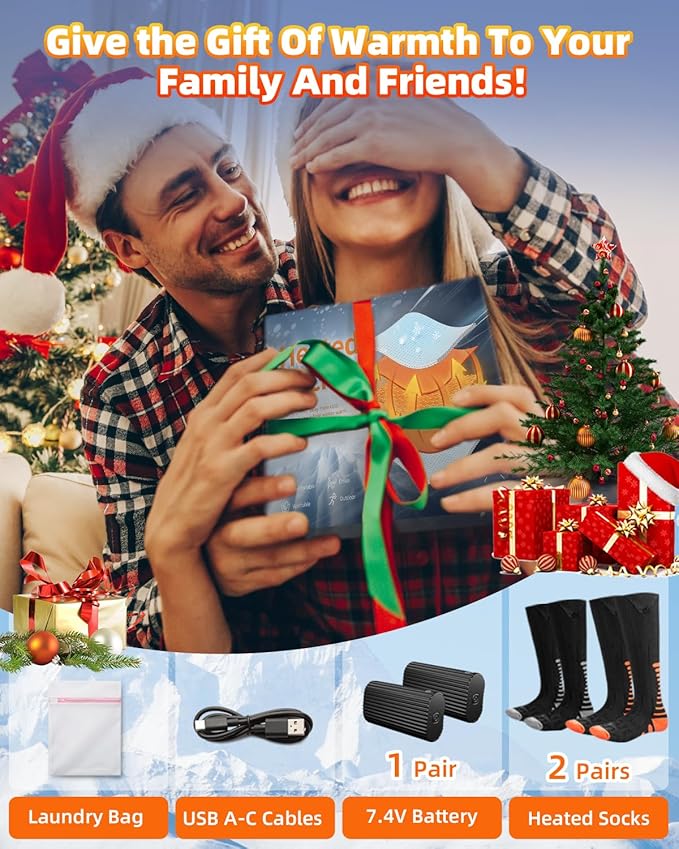 2 Pairs Heated Socks, Eventek 7.4V Rechargeable Heated Socks for Men Women, 360° Heating Electric Socks with 3 Heat Settings, Washable Electric Thermal Sock for Ski Hunting Hiking