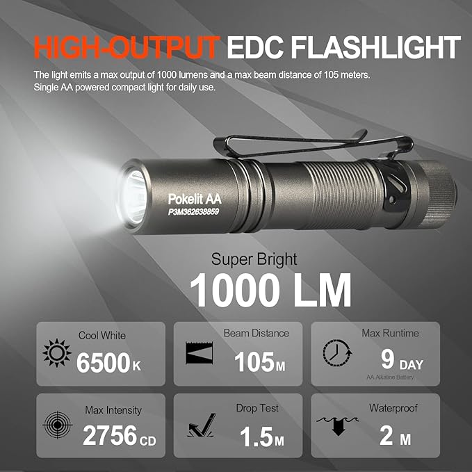 ACEBEAM Pokelit AA Rechargeable Mini Flashlight with Clip, 1000 High Lumens Pocket EDC Flashlight, Super Bright Small Flashlight, Led Flashlight for Camping,Hiking,Everyday Use, Cool White Light(Gray)