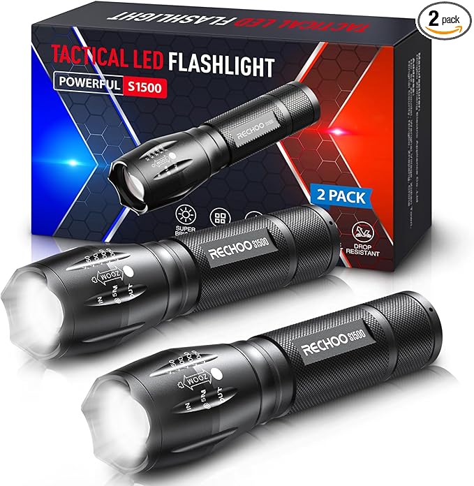 RECHOO Tactical Flashlights 2 Pack, Bright Zoomable LED Flashlights High Lumens with 5 Modes, Portable Small Flash Light for Camping Essential, Camping Flashlight