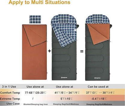 KingCamp 3-in-1 Sleeping Bag for Adults Cold & Warm Weather, XL Size for Big & Tall Individuals, Waterproof, Flannel Lining, Extra Length-Ideal for Camping & Backpacking