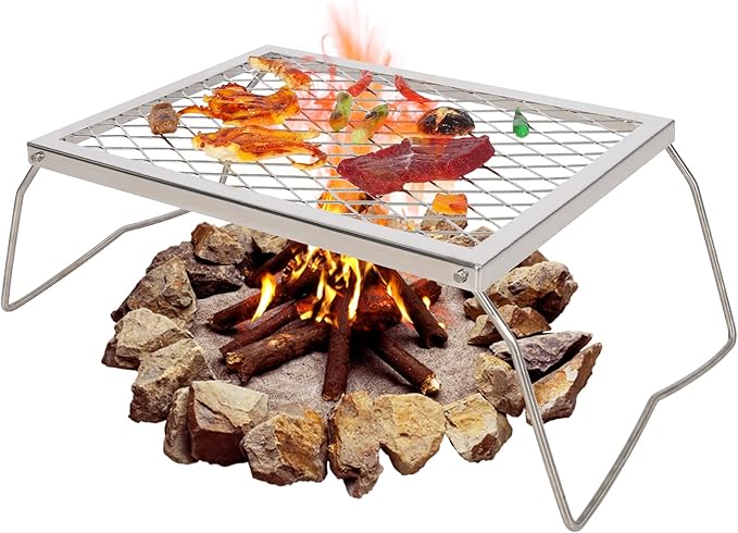 REDCAMP Folding Stainless Campfire Grill Heavy Duty Steel Grate, Portable Camp Fire Cooking Racks for Over Fire Pit