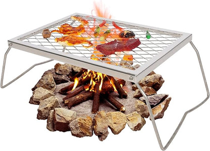 REDCAMP Folding Stainless Campfire Grill Heavy Duty Steel Grate, Portable Camp Fire Cooking Racks for Over Fire Pit