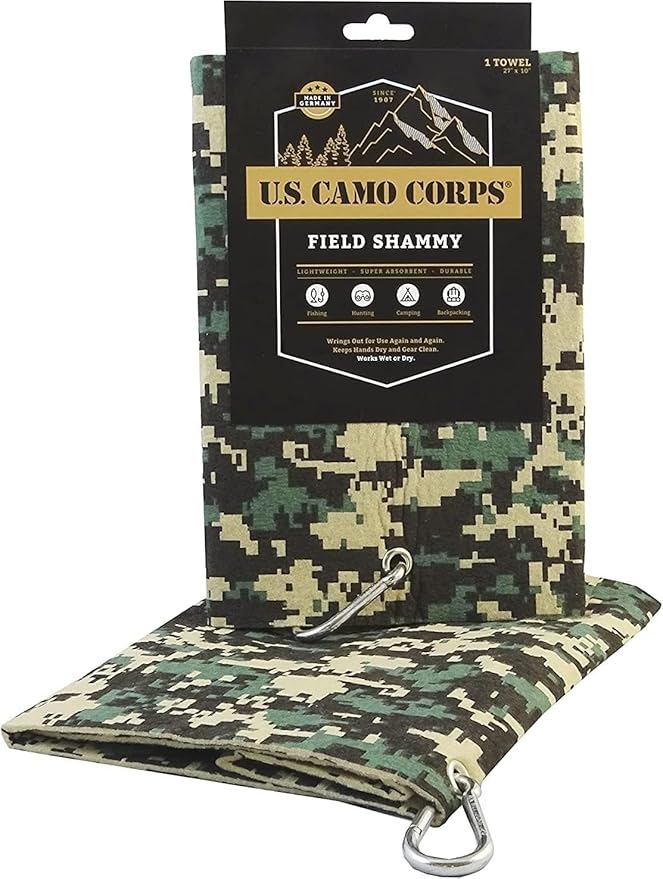 Field Shammy, Super Absorbent 27" x 10" Cloth Holds 12X Its Weight in Liquid, Caribener Clip, Scratch-Free, Eco-Friendly, Machine Washable, Towel for Outdoor and Indoor Use, Green