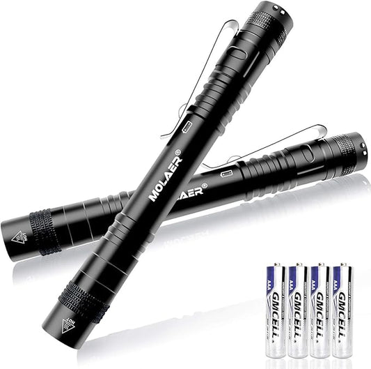 Pen Light Flashlight, 2-Pack B16 LED Pocket PenLight with Clip, 3 Lighting Modes, Small, Mini, Waterproof, Great for Camping, Work, Repair, Emergency (4 × AAA Battery Included)