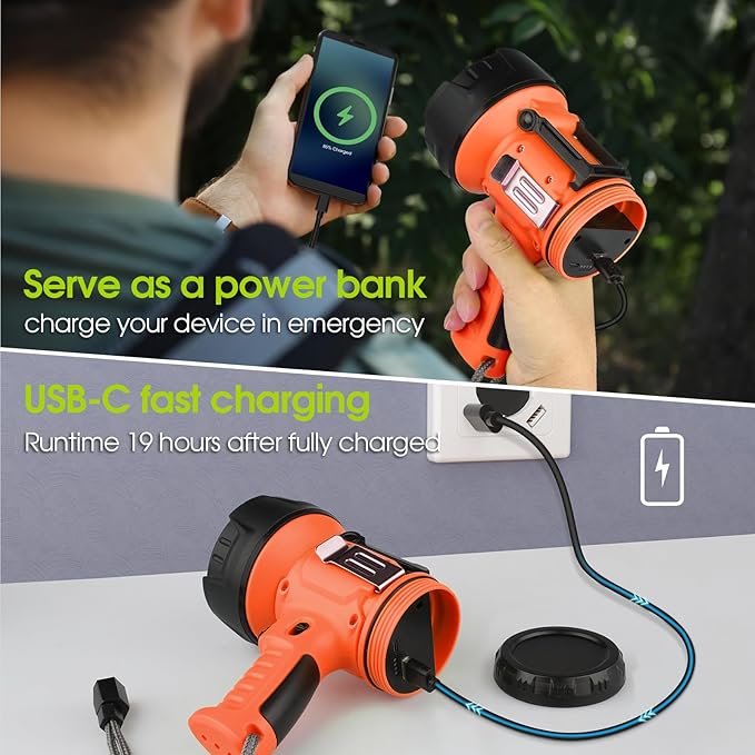 Rechargeable Spotlight Flashlight with 1000,000 Lumen LED, IP65 Waterproof Searchlight Handheld Work Light with Foldable Stand and Red Lens- Orange