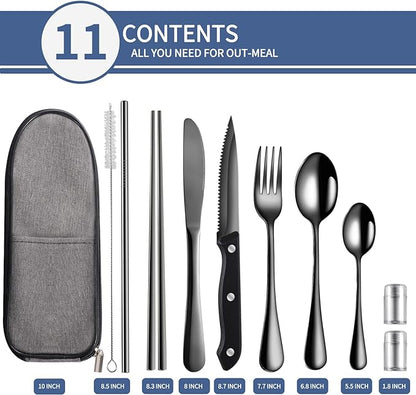 Portable Travel Utensils Set,Reusable Camping Cutlery Set,Stainless Steel Flatware Set with Case,Lunch Boxes Workplace Camping School Picnic (Black)