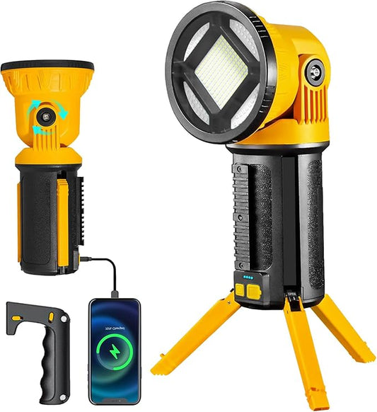 LED Cordless Work Light, Rechargeable Work Light with Foldable Tripod Stand, 180 Degree Rotating, Detachable Handheld Flashlight, 5000 Lumen, Lighting for Workshop, Camping, Outdoor