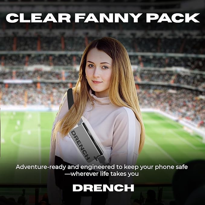 Drench Clear Waist Bag – Stadium Approved, Touchscreen Friendly, Water-Resistant Zipper, Fits iPhone 15, 14, 13, Samsung Galaxy S23, Pixel 8 – Small Concert Bag for Events, Airports, Casual Fashion
