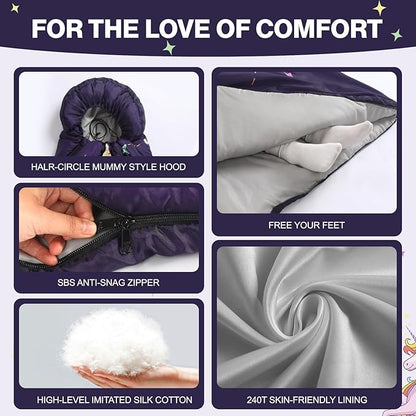 Sleeping Bag for Kids Girls Boys, Warm Weather Sleeping Mat with Pillow for Camping Backpacking Hiking Daycare School Travel, Ultralight, Durable, Water-Resistant, Easy Carry and Pack