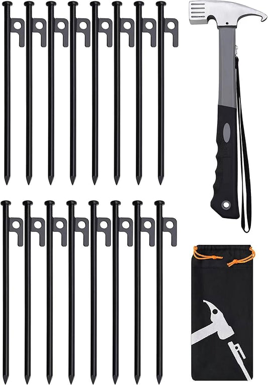 16pcs Tent Stakes and Hammer Set, 10in Heavy Duty Forged Steel Tent Stakes + Camping Hammer + Storage Pouch, Available in Rocky Place (16pcs 10in Stakes+Hammer)