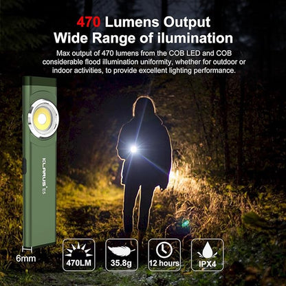 klarus E5 Pocket Flashlight, Rechargeable EDC Flashlight, Super Slim Flat 4.2x1x0.3inch, 470 Lumens, USB-C Port, IPX4, Dual Light Source with Magnetic Base, Hat & Clothes Clip - Green