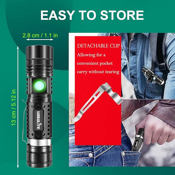 wowlite Flashlight Rechargeable, Super Bright Pocket LED Flashlights with 4 Modes, Zoomable High Lumens Small Flash Light for Home Emergency, Gifts for Camping Essentials Camper Gear (Black)