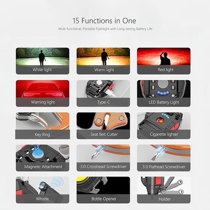 Multifunctional COB Mini Keychain Flashlights,7 Light Modes,LED Rechargeable Small Torch with Screwdriver,Bottle Opener,Lighter etc. for Outdoor Camping Hiking(Black)