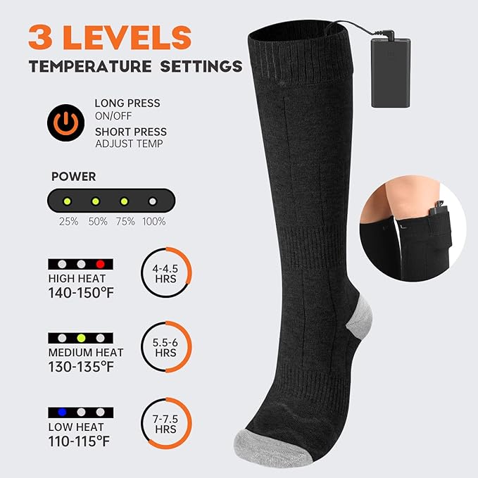 VELAZZIO Heated Socks for Men Women, Remote Control 4000mAh 3.7V Rechargeable Electric Heated Socks with 3 Heat Settings for Winter Sports