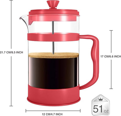 Utopia Kitchen 51 Ounce 1.5 Liter French Press Coffee Maker, Tea Maker, Travel Coffee Presses, Heat Resistant Thickened Borosilicate Coffee Pot for Camping Travel Gifts, Red Pack of 1