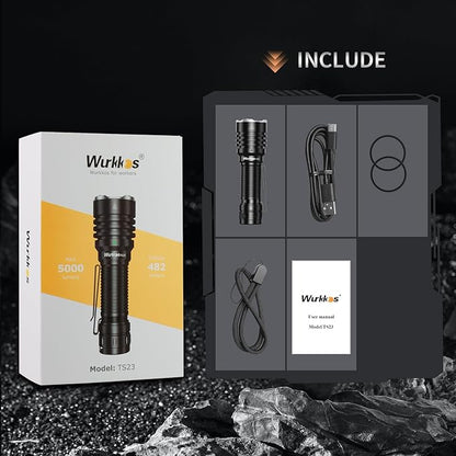 Wurkkos TS23 5000 High Lumens Flashlight,1581Ft Long Range Flashlight 6000K 70.3 HI LED High Power Super Bright LED Flashlight with Tail E-Switch,IP68 Waterproof Flashlights for Emergency,Repair,Work