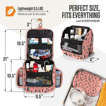 VENTURE 4TH Hanging Travel Toiletry Bag for Women & Men - Travel Organizer with Expandable Compartments & Removable Clear Pouch for Toiletries (Pink Cheetah)
