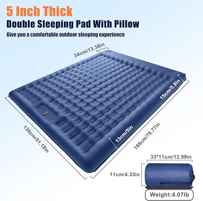 Double Sleeping Pad for Camping, 5 Inch Ultra-Thick Inflatable Camping Pad with Pillow Built-in Pump, Backpacking Camping air mattress 2 Person for Hiking Portable Camping Mat for Traveling Tent,Home