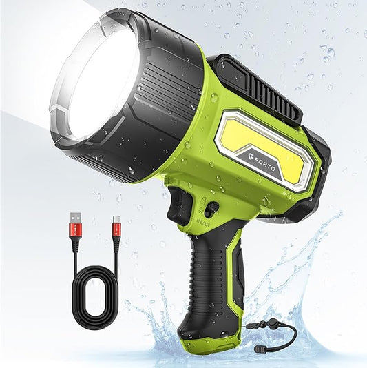 FORTO Rechargeable Spotlight Flashlight with 2000 Lumens, Handheld Spotlight with Foldable Stand, 6 Light Modes IPX7 Waterproof LED Spot Lights Outdoor for Boating Hunting Hiking(Light Green)