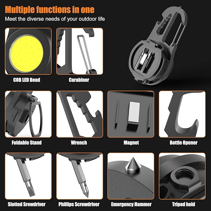 Mini Flashlight COB Small Flashlight 800Lumen Rechargeable Light Keychain Flashlight Portable Pocket Light Folding Stand Magnetic Flashlight for Camping,Fishing,Walking,BottleOpener (dark gray02)