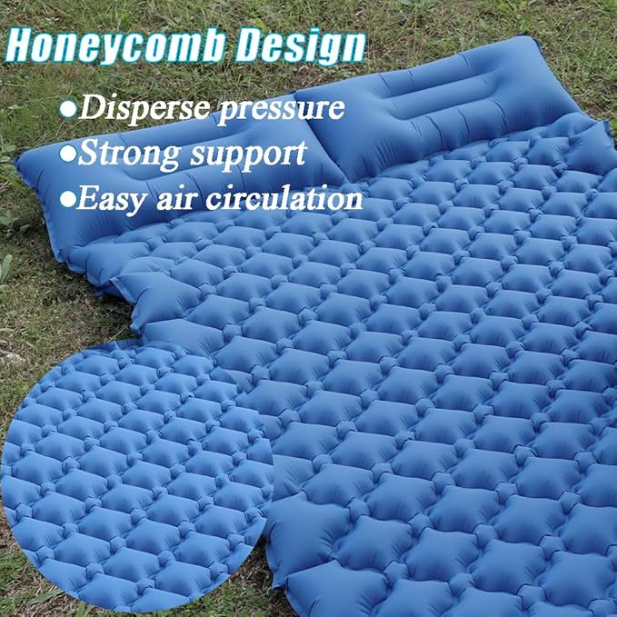 Sleeping Pad for Camping, Inflatable Sleeping Mat with Pillow, Camping Pad with Built-in Foot Pump, Lightweight Camping Mattress Pad for Car Camping, Backpacking, Tent and Hiking (Single (Navy))