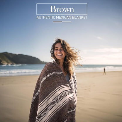 Authentic Extra Large Mexican Blanket (70"x50") - Handwoven Yoga Blanket, Serape Blanket - Artisanal Falsa Blanket, Beach Blanket, Camping Blanket, Picnic Blanket, Outdoor Blanket (Brown)