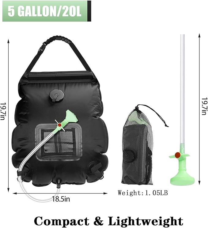 LYOUMEIT Solar Shower Bag 5 Gallon, Portable Shower for Camping, Camping Shower Bag, Solar Heating Shower Bag with Removable Hose and On-Off Switchable Shower Head