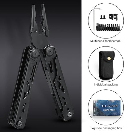 32-in-1 Wingman Multitool with Spring-Action Pliers and Scissors.Premium Replaceable screwdriver head and Wire Cutters Saw.Wave+ Stainless steel multi tools with Nylon sheath(Black)